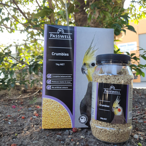 Passwell crumbles, 1kg, 300g, 5kg, amino acids, weight control, bird shop, gold coast, queensland, australia, parrot toys, bird food, seed, accessory, food bowls, stainless steel toy, afforable