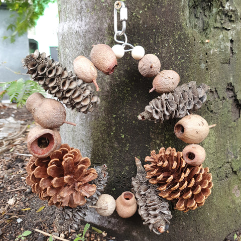 Nothing but bush ring, natural bird toys, natural parrot toys, bird accessories, gum nuts, banksia pods, pinecones, pine cones, safe bird toys, shredding toys